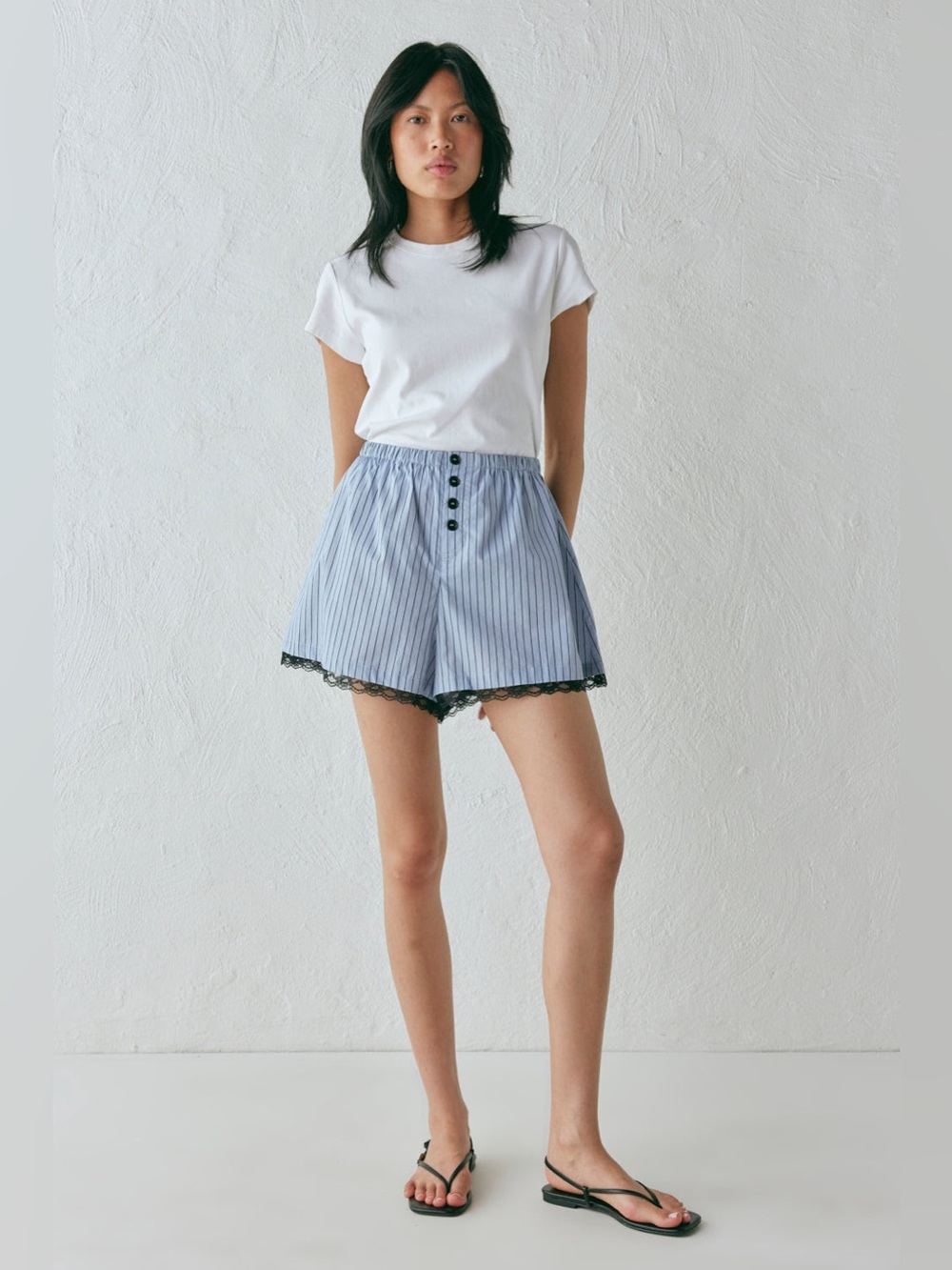 VRG GRL blue stripe w lace cotton short